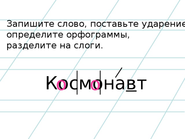 Запишите слово, поставьте ударение, определите орфограммы, разделите на слоги. Космона в т  о о