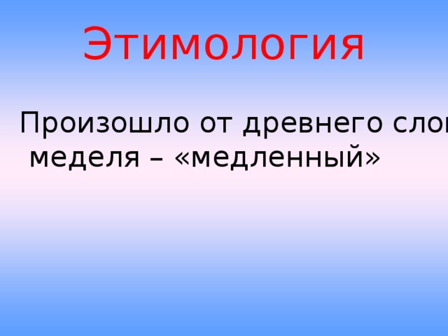 Этимология Произошло от древнего слова  меделя – «медленный»
