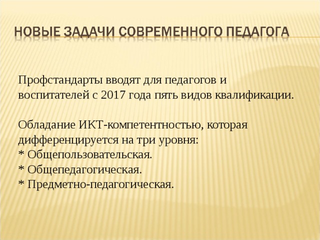 Профстандарты вводят для педагогов и воспитателей с 2017 года пять видов квалификации. Обладание ИКТ-компетентностью, которая дифференцируется на три уровня: * Общепользовательская. * Общепедагогическая. * Предметно-педагогическая. 
