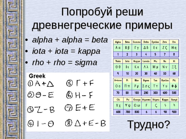 Попробуй реши древнегреческие примеры alpha + alpha = beta  iota + iota = kappa rho + rho = sigma Трудно? 