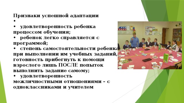 Признаки успешной адаптации •  •  удовлетворенность ребенка процессом обучения; •  ребенок легко справляется с программой; •  степень самостоятельности ребенка при выполнении им учебных заданий, готовность прибегнуть к помощи взрослого лишь ПОСЛЕ попыток выполнить задание самому; •  удовлетворенность межличностными отношениями – с одноклассниками и учителем 