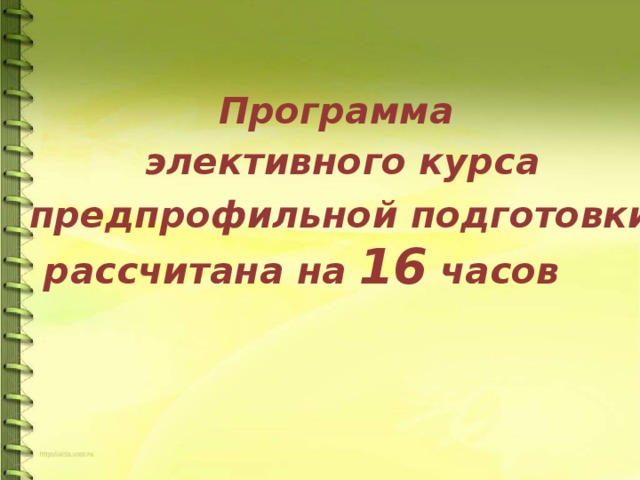 Программа элективного курса предпрофильной подготовки рассчитана на 16 часов 