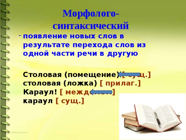 Морфолого- синтаксический появление новых слов в результате перехода слов из одной части речи в другую   Столовая (помещение) [ сущ.]  столовая (ложка) [ прилаг.]  Караул! [ междомет.] караул [ сущ.]   