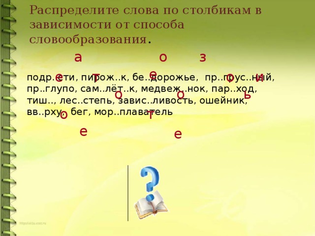 Распределите слова по столбикам в зависимости от способа словообразования . о з а е и о е т подр..сти, пирож..к, бе..дорожье, пр..грус..ный, пр..глупо, сам..лёт..к, медвеж..нок, пар..ход, тиш.., лес..степь, завис..ливость, ошейник, вв..рху, бег, мор..плаватель о ь о т о е е 