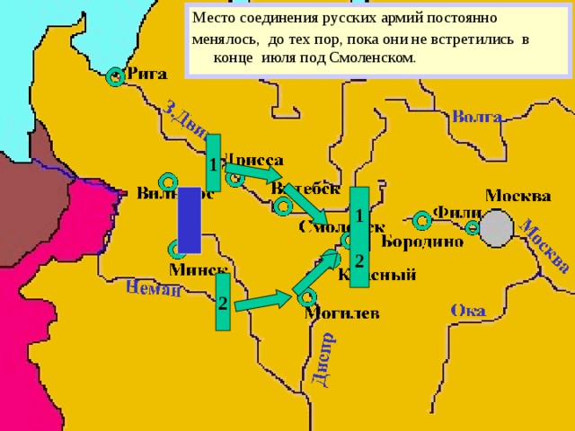 Место соединения русских армий постоянно менялось,  до тех пор,  пока они не встретились в конце июля под Смоленском. 1 1 2 2 