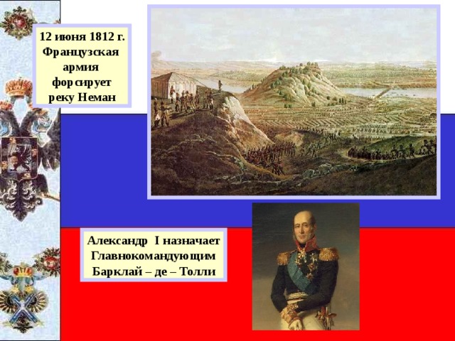 12 июня 1812 г. Французская армия форсирует реку Неман Александр I назначает Главнокомандующим Барклай – де – Толли 