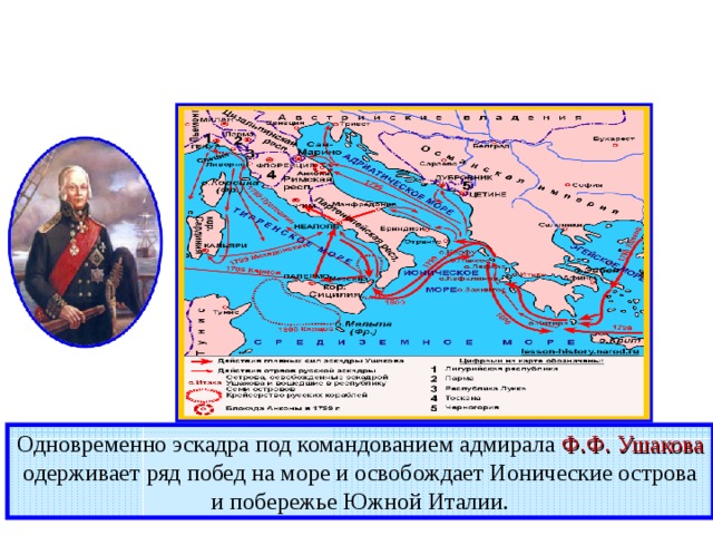 Одновременно эскадра под командованием адмирала Ф.Ф. Ушакова  одерживает ряд побед на море и освобождает Ионические острова и побережье Южной Италии. 