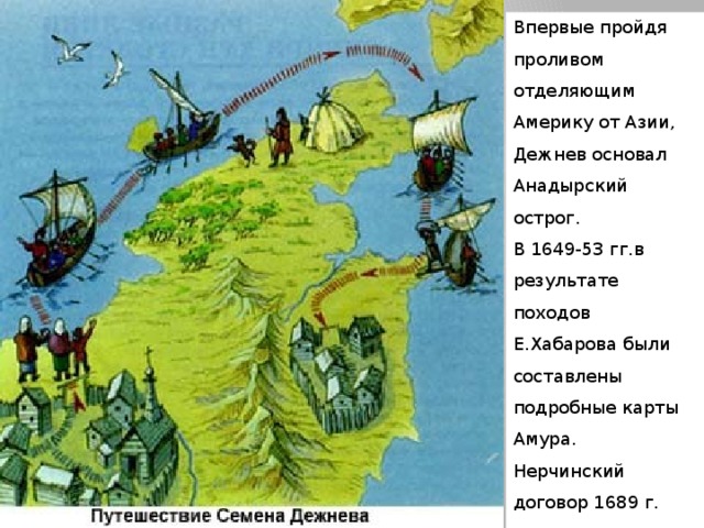 Впервые пройдя проливом отделяющим Америку от Азии, Дежнев основал Анадырский острог. В 1649-53 гг.в результате походов Е.Хабарова были составлены подробные карты Амура. Нерчинский договор 1689 г. установил границы между Россией и Китаем. 
