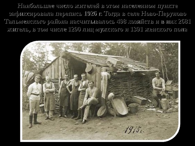 Наибольшее число жителей в этом населенном пункте зафиксировала перепись 1926 г. Тогда в селе Ново-Перуново Тальменского района насчитывалось 498 хозяйств и в них 2681 житель, в том числе 1290 лиц мужского и 1391 женского пола  