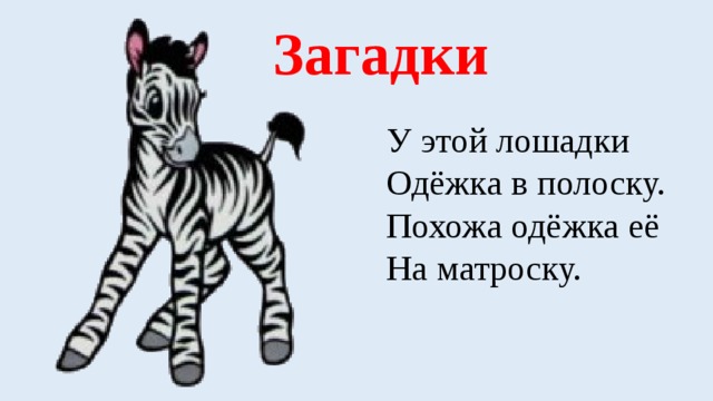 Загадки У этой лошадки  Одёжка в полоску.  Похожа одёжка её  На матроску. 