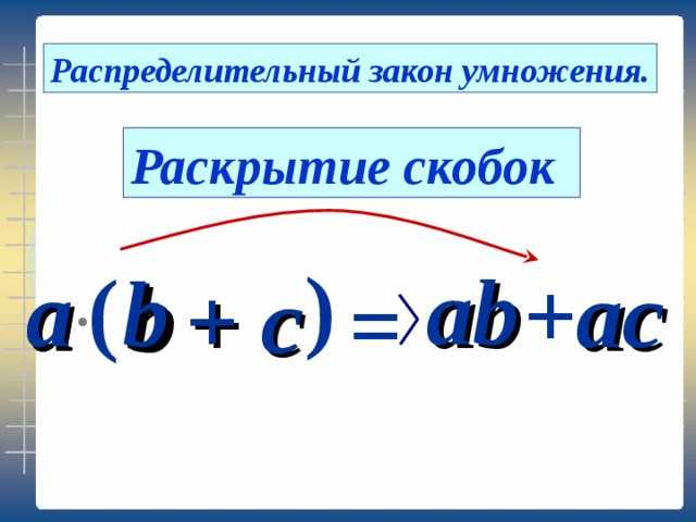 = Распределительный закон умножения. Раскрытие скобок ) ab ( a b a + ac b c + c 