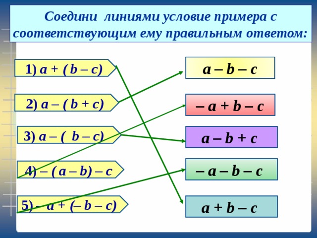 Соедини линиями условие примера с соответствующим ему правильным ответом: а – b – с 1)  а + ( b – с) 2) а – ( b + с) – а + b – с а – b + с  3) а – ( b – с) – а – b – с  4) – ( а – b) – с а + b – с  5) – а + (– b – с) 9 