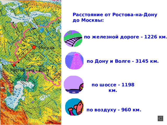 Расстояние от Ростова-на-Дону до Москвы:    по железной дороге - 1226 км. Москва  по Дону и Волге - 3145 км. Ростов - на - Дону по шоссе - 1198 км. по воздуху - 960 км. 