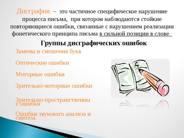 Дисграфия  – это частичное специфическое нарушение процесса письма, при котором наблюдаются стойкие повторяющиеся ошибки, связанные с нарушением реализации фонетического принципа письма в сильной позиции в слове Группы дисграфических ошибок Замены и смешения букв Оптические ошибки Моторные ошибки Зрительно-моторные ошибки Зрительно-пространственные ошибки Ошибки звукового анализа и синтеза Замены и смешения букв, оптические ошибки, моторные ошибки, зрительно-моторные ошибки, зрительно-пространственные ошибки – гиперссылки на соответствующие слайды. – гиперссылка на слайд №4.  