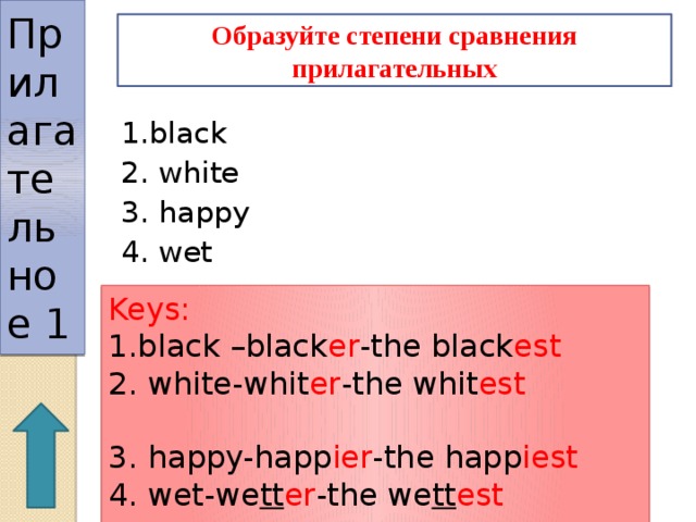 Прилагательное 1 Образуйте степени сравнения прилагательных 1.black 2. white 3. happy 4. wet Keys: 1.black –black er -the black est 2. white-whit er -the whit est  3. happy-happ ier -the happ iest  4. wet-we tt er -the we tt est 