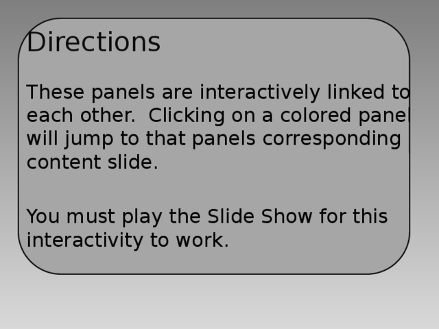 Directions These panels are interactively linked to each other. Clicking on a colored panel will jump to that panels corresponding content slide. You must play the Slide Show for this interactivity to work. 