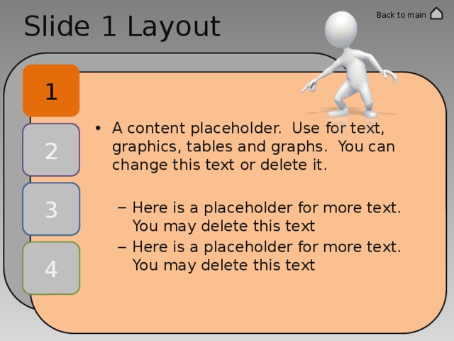 Slide 1 Layout Back to main 1 A content placeholder. Use for text, graphics, tables and graphs. You can change this text or delete it. Here is a placeholder for more text. You may delete this text Here is a placeholder for more text. You may delete this text Here is a placeholder for more text. You may delete this text Here is a placeholder for more text. You may delete this text 2 3 4 
