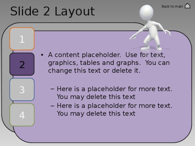 Slide 2 Layout Back to main 1 A content placeholder. Use for text, graphics, tables and graphs. You can change this text or delete it. Here is a placeholder for more text. You may delete this text Here is a placeholder for more text. You may delete this text Here is a placeholder for more text. You may delete this text Here is a placeholder for more text. You may delete this text 2 3 4 