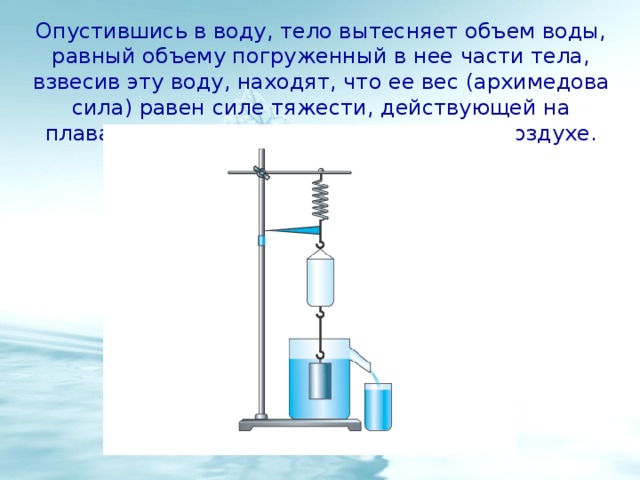 Объем вытесненной воды равен. Объем вытесненной жидкости равен весу тела. Вытеснение воды телом.