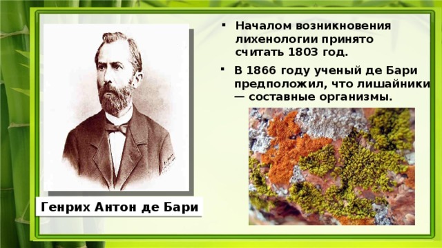 Началом возникновения лихенологии принято считать 1803 год. В 1866 году ученый де Бари предположил, что лишайники — составные организмы. Генрих Антон де Бари 