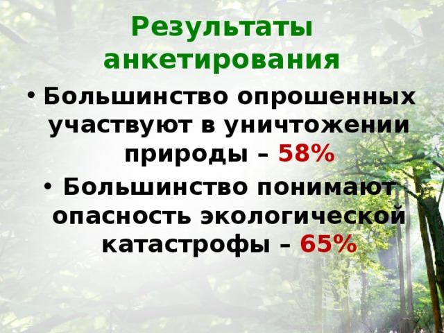 Результаты анкетирования Большинство опрошенных участвуют в уничтожении природы – 58% Большинство понимают опасность экологической катастрофы – 65% 