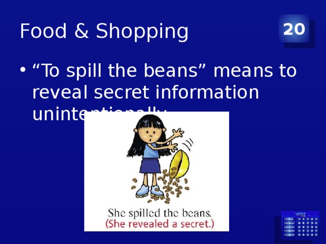 Food & Shopping 20 “ To spill the beans” means to reveal secret information unintentionally 
