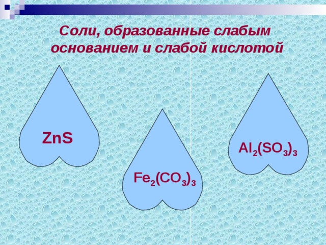 Соли, образованные слабым основанием и слабой кислотой ZnS  А I 2 (SO 3 ) 3  Fe 2 ( СО 3 ) 3