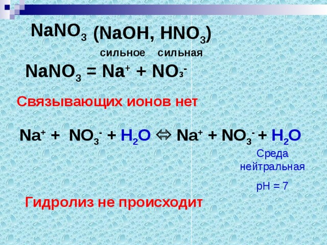 NaN О 3  ( Na ОН, Н NO 3 )  сильное сильная NaN О 3 = Na + + NO 3 - C вязывающих ионов нет Na + + NO 3 - + Н 2 О   Na + + NO 3 - + Н 2 О Среда нейтральная рН = 7 Гидролиз не происходит