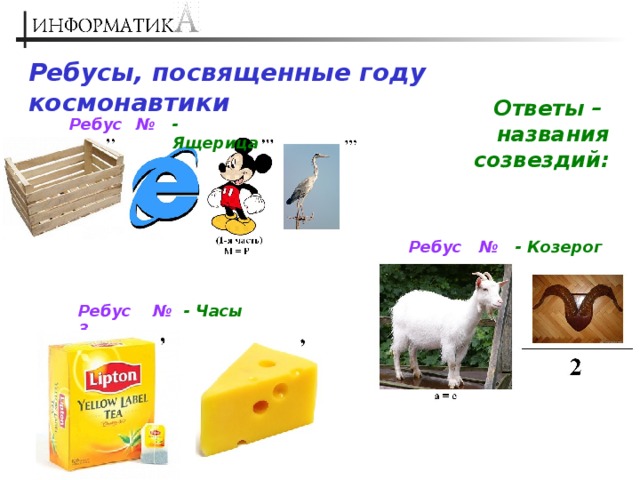 Ребусы, посвященные году космонавтики Ответы –  названия созвездий: Ребус № 1  - Ящерица Ребус № 2 - Козерог Ребус № 3 - Часы 