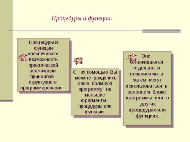 Процедуры и функции. Процедуры и функции обеспечивают возможность практической реализации принципов структурного программирования. Они отлаживаются отдельно и независимо, а затем могут использоваться в основном блоке программы или в других процедурах или функциях. С их помощью Вы можете разделить свою большую программу на меньшие фрагменты - процедуры или функции.  