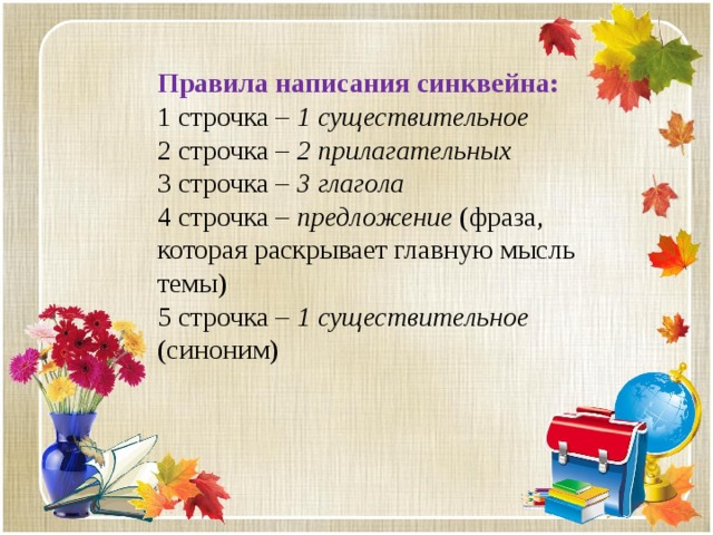 Правила написания синквейна: 1 строчка – 1 существительное 2 строчка – 2 прилагательных 3 строчка – 3 глагола 4 строчка – предложение (фраза, которая раскрывает главную мысль темы) 5 строчка – 1 существительное (синоним) 