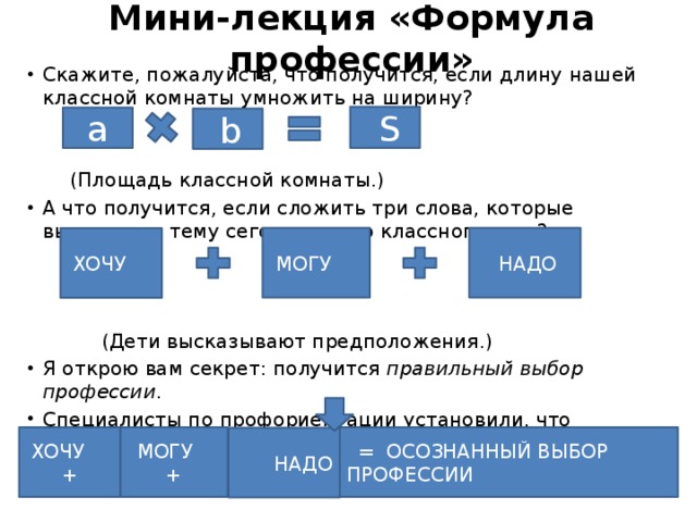  Мини-лекция «Формула профессии»   Скажите, пожалуйста, что получится, если длину нашей классной комнаты умножить на ширину?  (Площадь классной комнаты.) А что получится, если сложить три слова, которые вынесены в тему сегодняшнего классного часа?  (Дети высказывают предположения.) Я открою вам секрет: получится правильный выбор профессии . Специалисты по профориентации установили, что правильным может быть только осознанный выбор профессии.  =  S a  b МОГУ  НАДО ХОЧУ МОГУ +  = ОСОЗНАННЫЙ ВЫБОР ПРОФЕССИИ ХОЧУ +  НАДО 