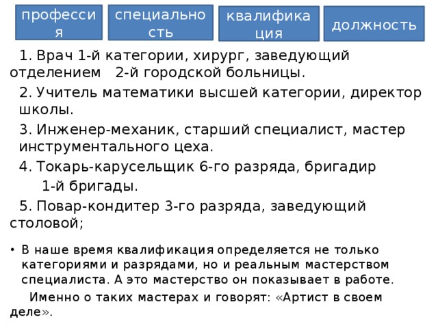 профессия специальность квалификация должность  1. Врач 1-й категории, хирург, заведующий отделением 2-й городской больницы.  2. Учитель математики высшей категории, директор школы.  3. Инженер-механик, старший специалист, мастер инструментального цеха.  4. Токарь-карусельщик 6-го разряда, бригадир  1-й бригады.  5. Повар-кондитер 3-го разряда, заведующий столовой; В наше время квалификация определяется не только категориями и разрядами, но и реальным мастерством специалиста. А это мастерство он показывает в работе.  Именно о таких мастерах и говорят: «Артист в своем деле». 