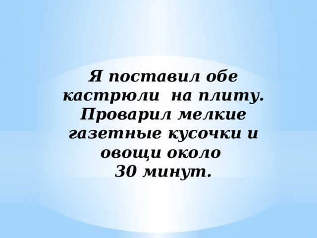 Я поставил обе кастрюли на плиту. Проварил мелкие газетные кусочки и овощи около 30 минут.