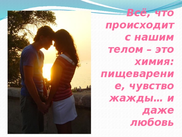 Всё, что происходит с нашим телом – это химия: пищеварение, чувство жажды… и даже любовь