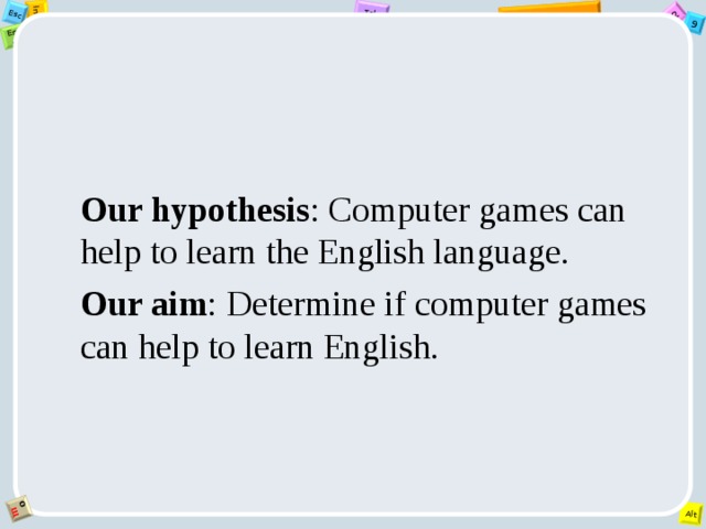    Our hypothesis : Computer games can help to learn the English language. Our aim : Determine if computer games can help to learn English. 