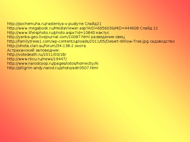 http://pochemuha.ru/rasteniya-v-pustyne Слайд21 http://www.megabook.ru/MediaViewer.asp?AID=665603&MID=444608 Слайд 22 http://www.lifeisphoto.ru/photo.aspx?id=10840 кактус http://yanka-geo.livejournal.com/10087.html разведение овец http://familytrees1.com/wp-content/uploads/2011/05/Desert-Willow-Tree.jpg садоводство http://ohota.clan.su/forum/34-138-2 охота Астраханский заповедник: http://votedeath.ru/2011/03/18/ http://www.rbcu.ru/news/19447/ http://www.narodcoop.ru/pages/lotos/homecity/ik http://piligrim-andy.narod.ru/photo/astr0507.html