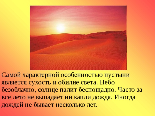 Самой характерной особенностью пустыни является сухость и обилие света. Небо безоблачно, солнце палит беспощадно. Часто за все лето не выпадает ни капли дождя. Иногда дождей не бывает несколько лет.