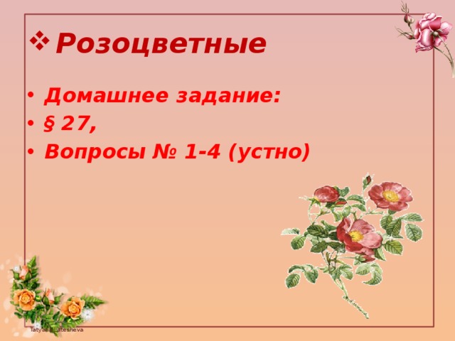 Розоцветные Домашнее задание: § 27, Вопросы № 1-4 (устно) 