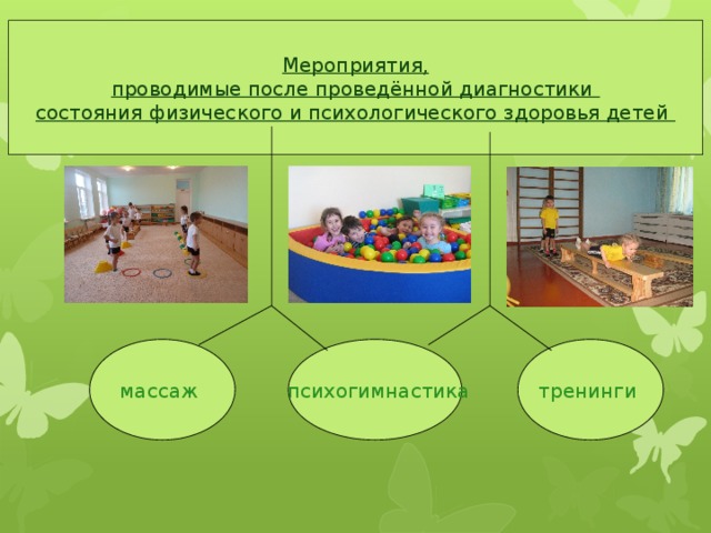 Мероприятия, проводимые после проведённой диагностики состояния физического и психологического здоровья детей массаж  психогимнастика  тренинги 