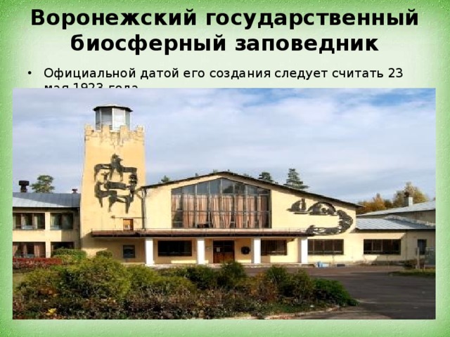 Воронежский государственный биосферный заповедник Официальной датой его создания следует считать 23 мая 1923 года. 