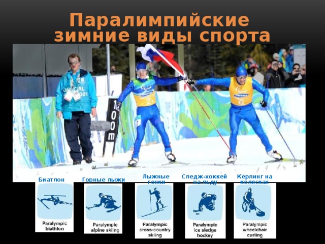Паралимпийские зимние виды спорта Паралимпийских зимних видов спорта всего пять: … Биатлон, Следж-хоккей, Лыжные гонки, Керлинг на колясках, Горные лыжи Вот еще летние паралимпийские виды спорта: Пауэрлифтинг; Легкая атлетика; Стрельба из лука; Плавание; Дзюдо;  Велосипедный спорт; Теннис на колясках; Фехтование на колясках; Футбол 7х7;  Футбол 5х5; Баскетбол на колясках; Конный спорт; Стрельба пулевая;  Волейбол сидя; Регби на колясках; Бочче; Голбол; Настольный теннис;  Гребля; Парусный спорт. ВОПРОС АУДИТОРИИ: что означает литера G на майке паралимпийского лыжника? Guide – ведущий ВОПРОС АУДИТОРИИ: некоторые парабиатлонисты стреляют в наушниках, почему? Слабовидящие стреляют на слух Следж-хоккей Кёрлинг на Лыжные колясках гонки на льду Биатлон Горные лыжи  