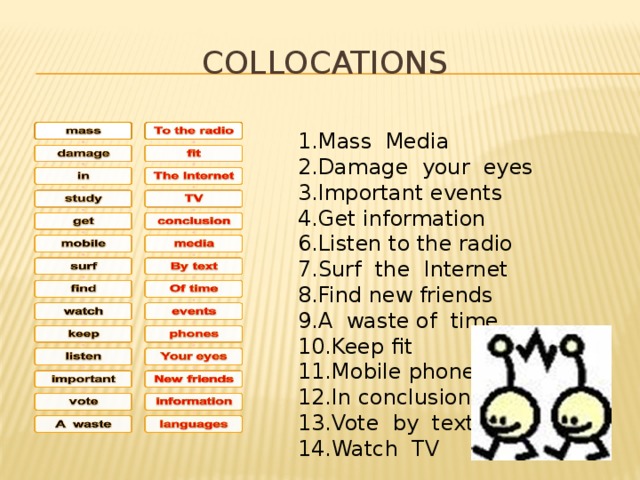 Collocations 1.Mass Media 2.Damage your eyes 3.Important events 4.Get information 6.Listen to the radio 7.Surf the Internet 8.Find new friends 9.A waste of time 10.Keep fit 11.Mobile phones 12.In conclusion 13.Vote by text 14.Watch TV