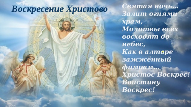 Святая ночь… Залит огнями храм, Молитвы всех восходят до небес, Как в алтаре зажжённый фимиам… Христос Воскрес! Воистину Воскрес!  Воскресение Христово 