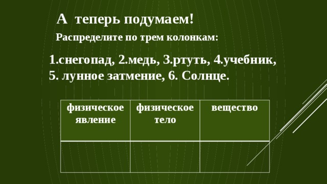 А теперь подумаем! Распределите по трем колонкам: 1.снегопад, 2.медь, 3.ртуть, 4.учебник, 5. лунное затмение, 6. Солнце. физическое явление физическое тело вещество   