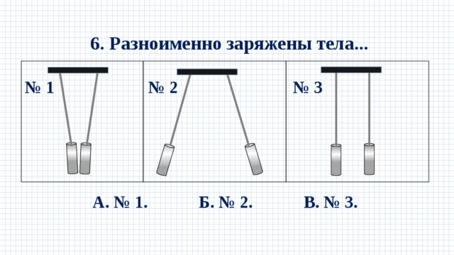 6. Разноименно заряжены тела... № 1 № 2 № 3  А. № 1. Б. № 2. В. № 3. 