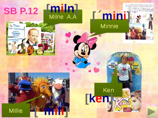 [ m i ln ] SB p.12   [ˊ m i n i ] Milne A.A Minnie Ken  [ k e n ]  [ˊ m i l i ] Millie