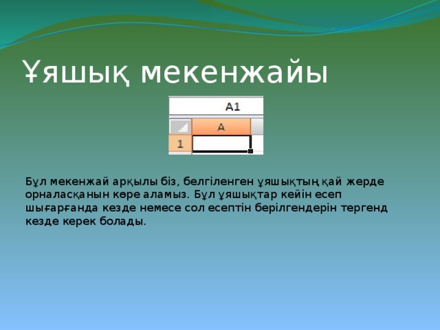 Ұяшық мекенжайы Бұл мекенжай арқылы біз, белгіленген ұяшықтың қай жерде орналасқанын көре аламыз. Бұл ұяшықтар кейін есеп шығарғанда кезде немесе сол есептін берілгендерін тергенд кезде керек болады. 