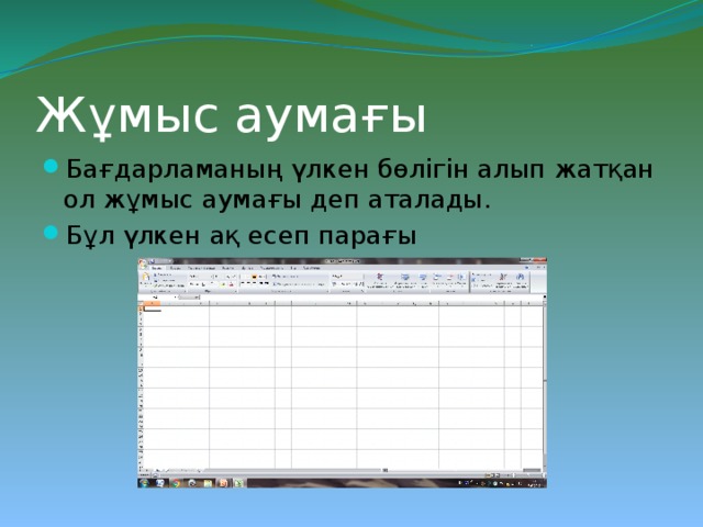 Жұмыс аумағы Бағдарламаның үлкен бөлігін алып жатқан ол жұмыс аумағы деп аталады. Бұл үлкен ақ есеп парағы 