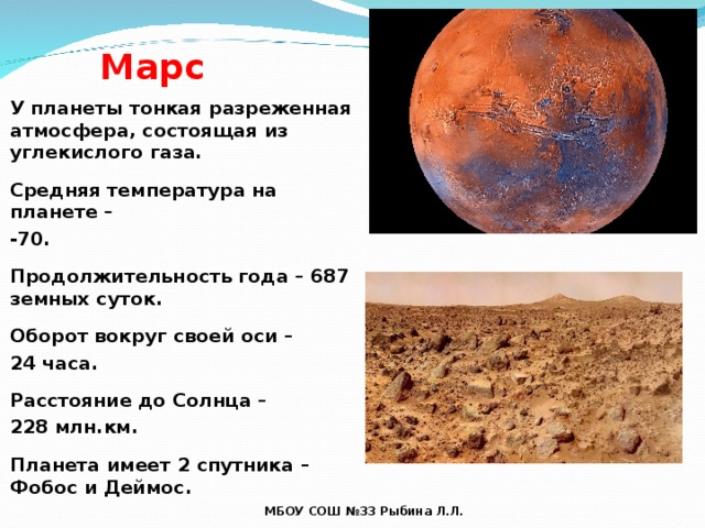 Марс У планеты тонкая разреженная атмосфера, состоящая из углекислого газа.  Средняя температура на планете – -70.  Продолжительность года – 687 земных суток.  Оборот вокруг своей оси – 24 часа.  Расстояние до Солнца – 228 млн.км.  Планета имеет 2 спутника – Фобос и Деймос.  МБОУ СОШ №33 Рыбина Л.Л. 